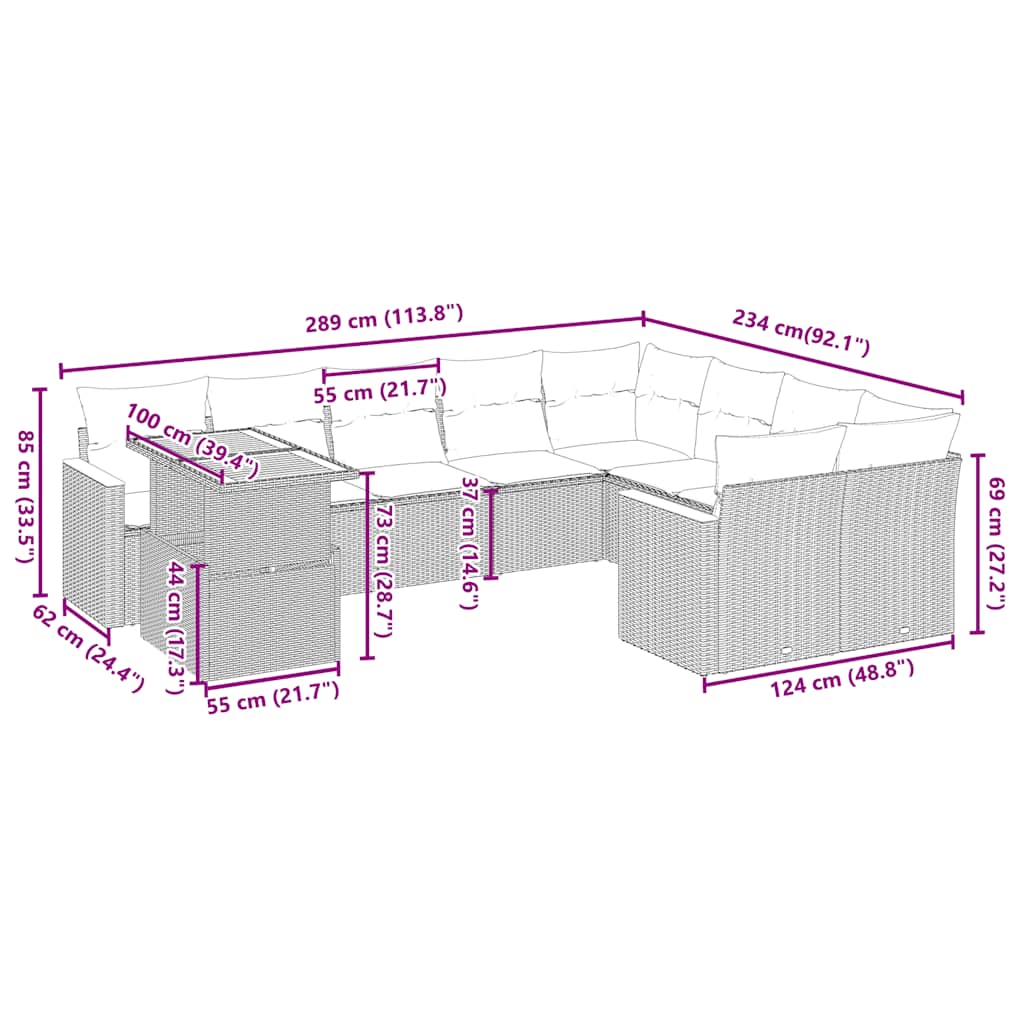 10 pcs conjunto de sofás p/ jardim c/ almofadões vime PE preto