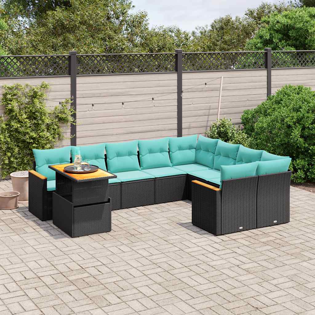 10 pcs conjunto de sofás p/ jardim c/ almofadões vime PE preto