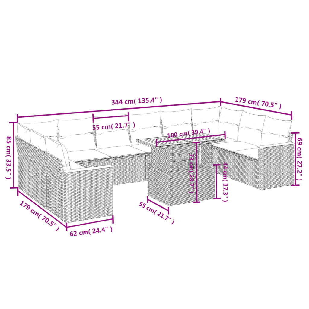 11 pcs conjunto sofás de jardim c/ almofadões vime PE cinzento