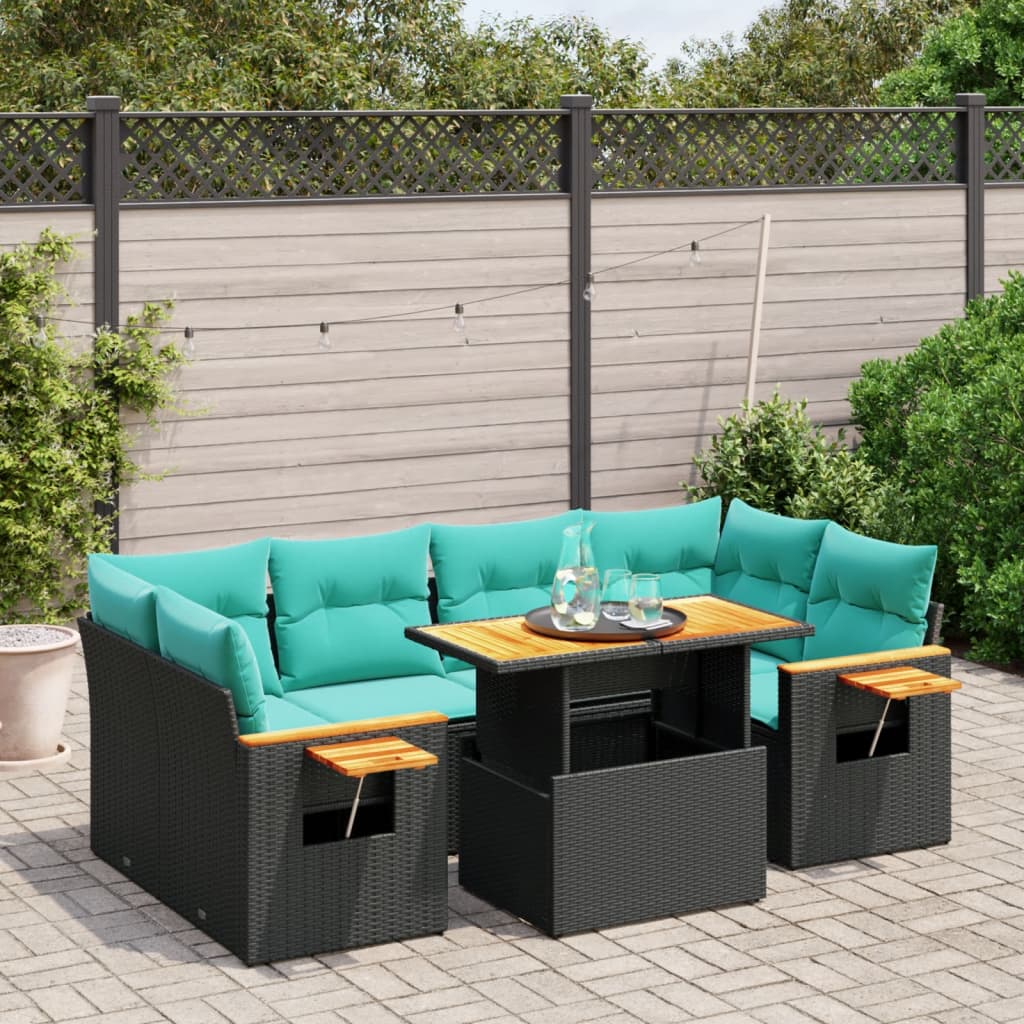 7 pcs conjunto de sofás p/ jardim c/ almofadões vime PE preto