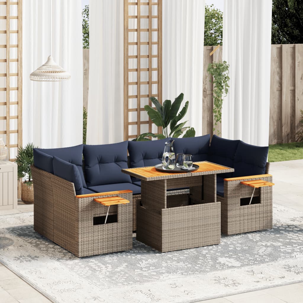 7 pcs conjunto sofás p/ jardim c/ almofadões vime PE cinzento