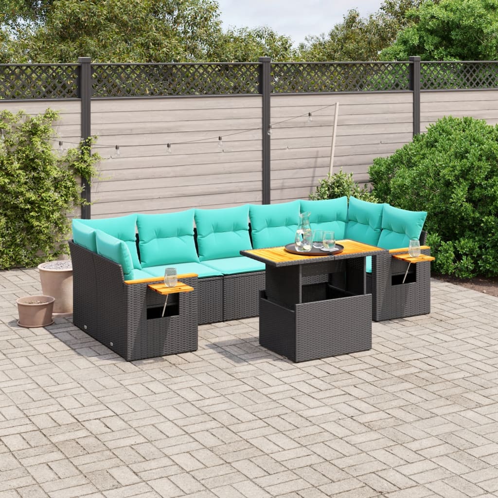 8 pcs conjunto de sofás p/ jardim c/ almofadões vime PE preto