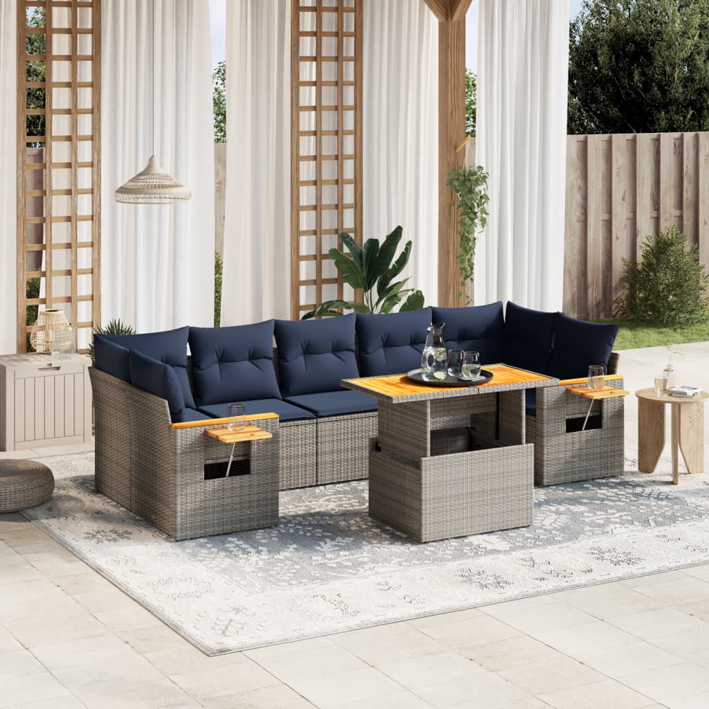 8 pcs conjunto sofás p/ jardim c/ almofadões vime PE cinzento