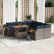 9 pcs conjunto sofás p/ jardim c/ almofadões vime PE cinzento