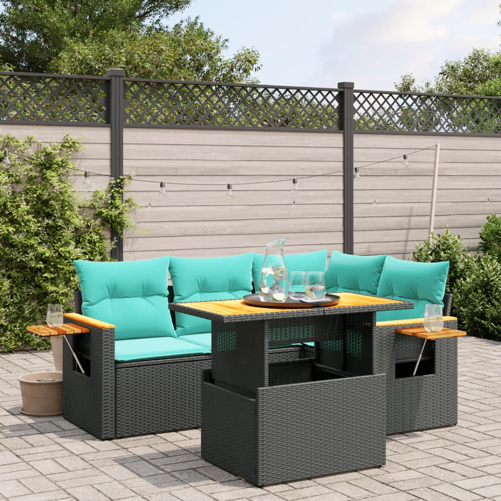 5 pcs conjunto de sofás p/ jardim c/ almofadões vime PE preto