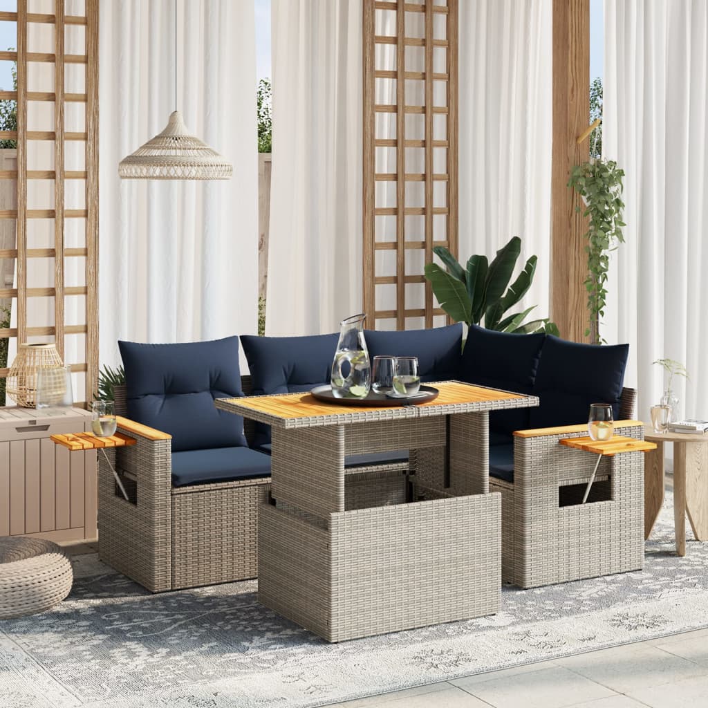 5 pcs conjunto sofás p/ jardim c/ almofadões vime PE cinzento