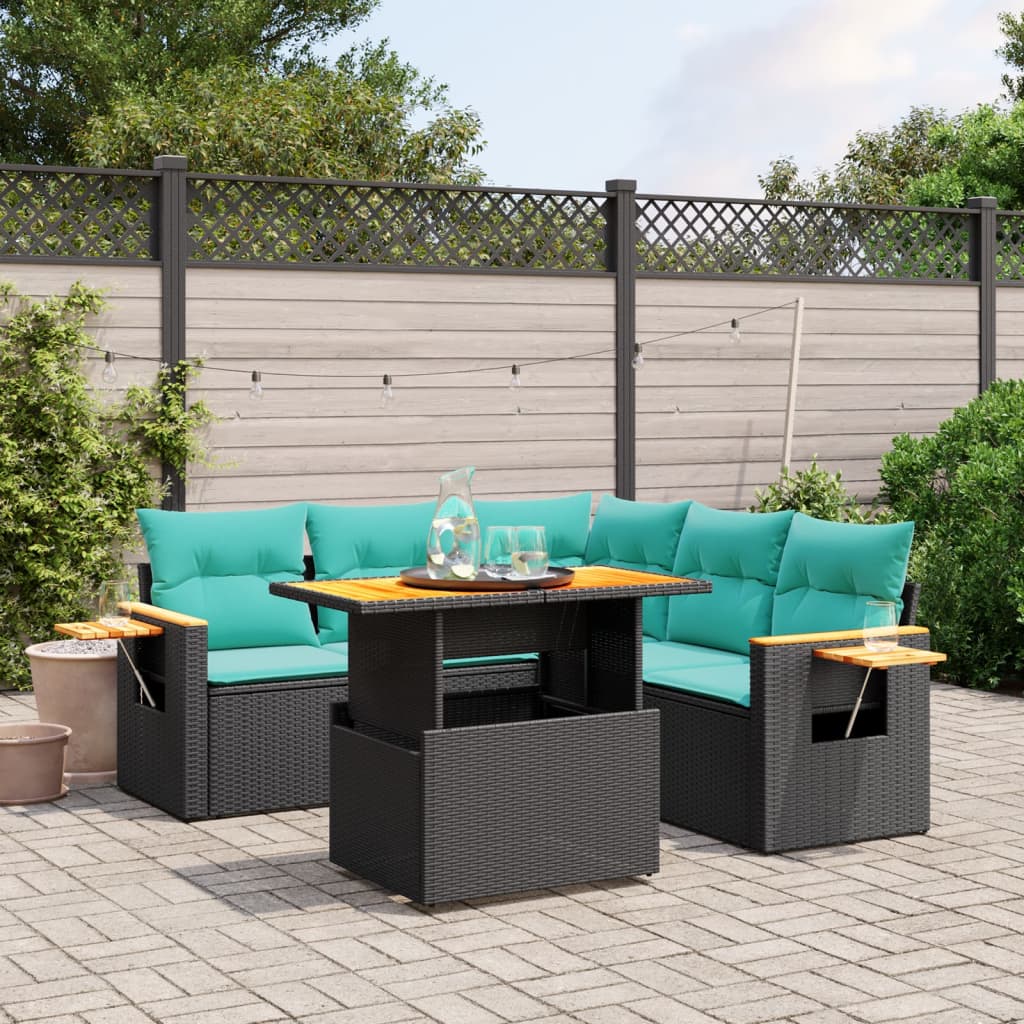 6 pcs conjunto de sofás p/ jardim c/ almofadões vime PE preto