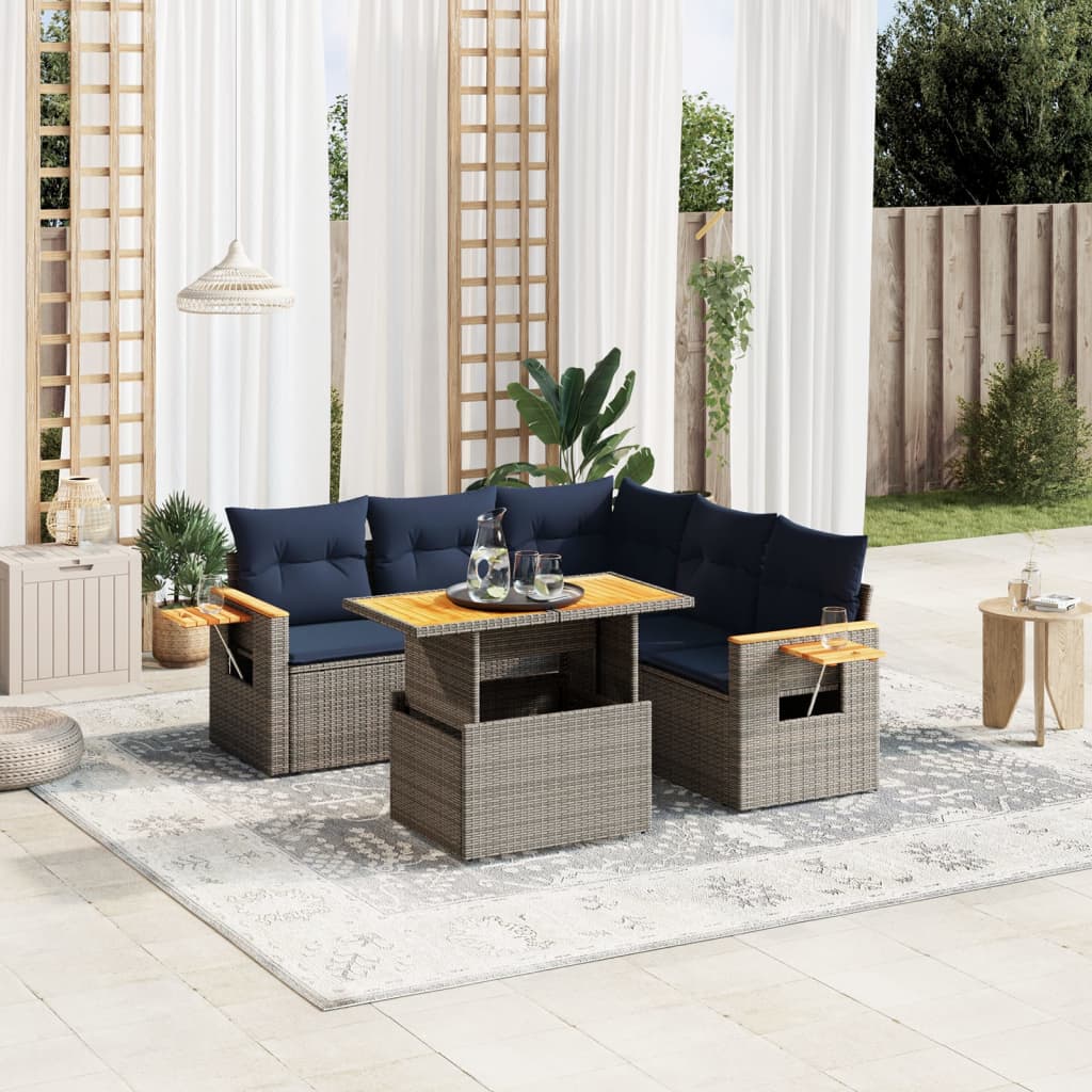 6 pcs conjunto sofás p/ jardim c/ almofadões vime PE cinzento