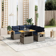 6 pcs conjunto sofás p/ jardim c/ almofadões vime PE cinzento