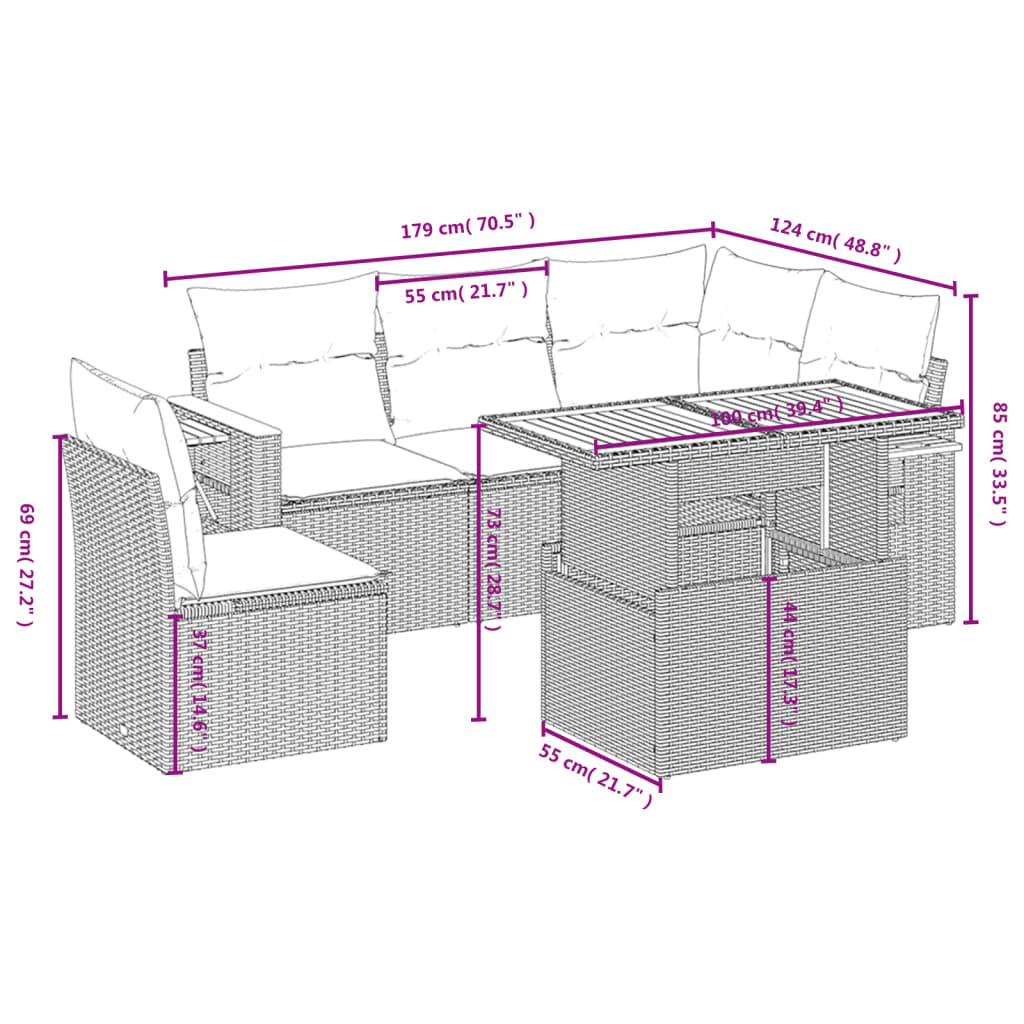 6 pcs conjunto de sofás p/ jardim c/ almofadões vime PE preto