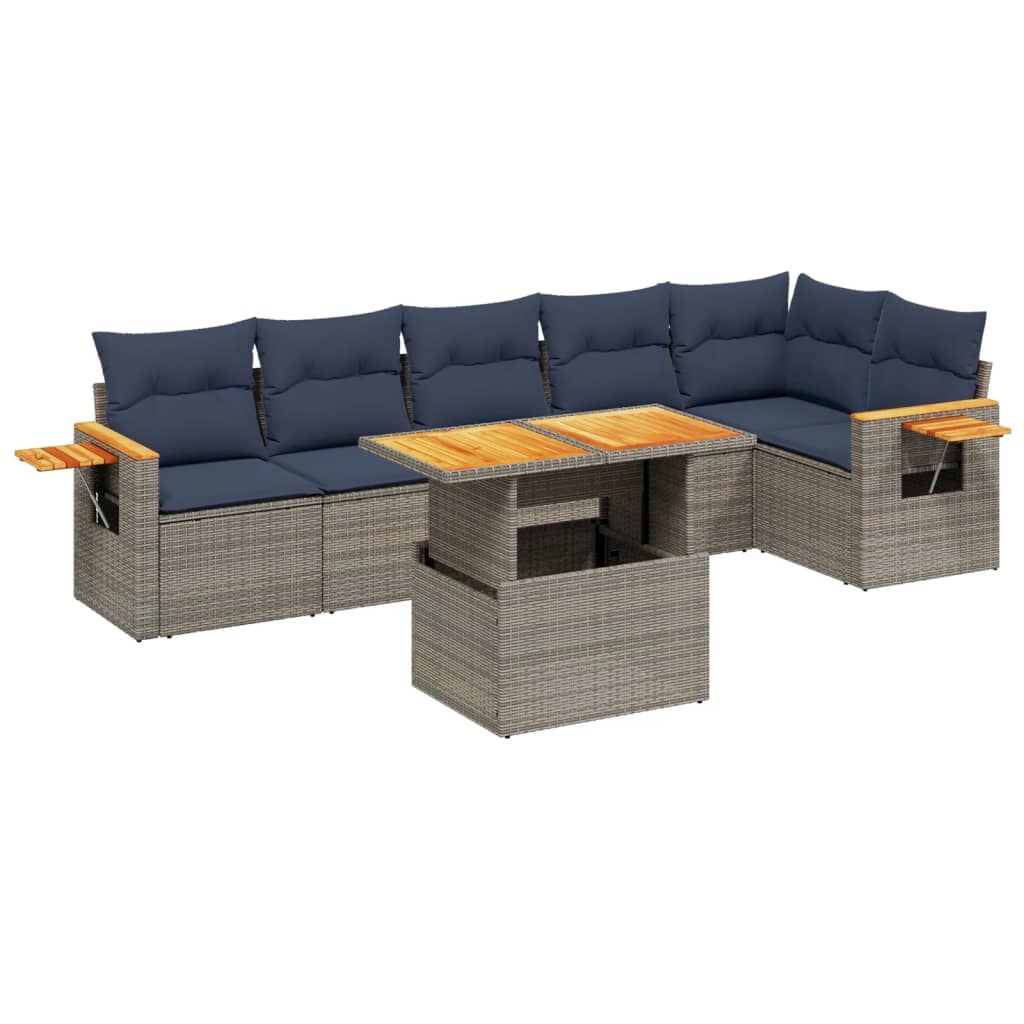 7 pcs conjunto sofás p/ jardim c/ almofadões vime PE cinzento