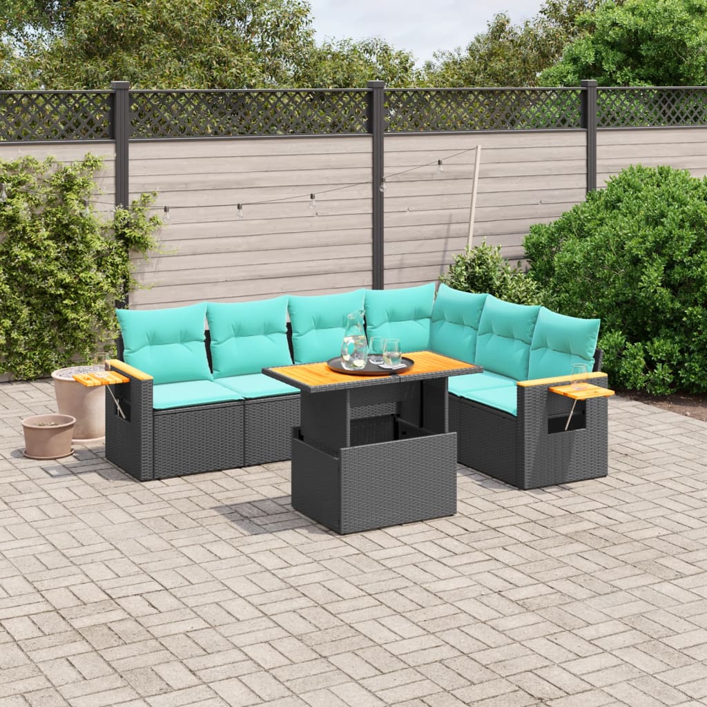 7 pcs conjunto de sofás p/ jardim c/ almofadões vime PE preto