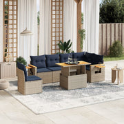 7 pcs conjunto sofás p/ jardim c/ almofadões vime PE cinzento