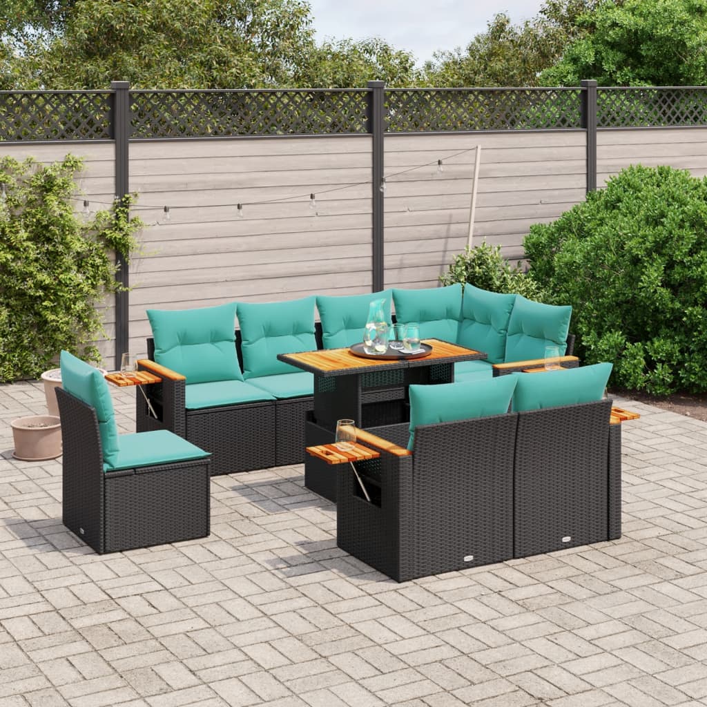 9 pcs conjunto de sofás p/ jardim c/ almofadões vime PE preto