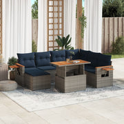 8 pcs conjunto sofás p/ jardim c/ almofadões vime PE cinzento