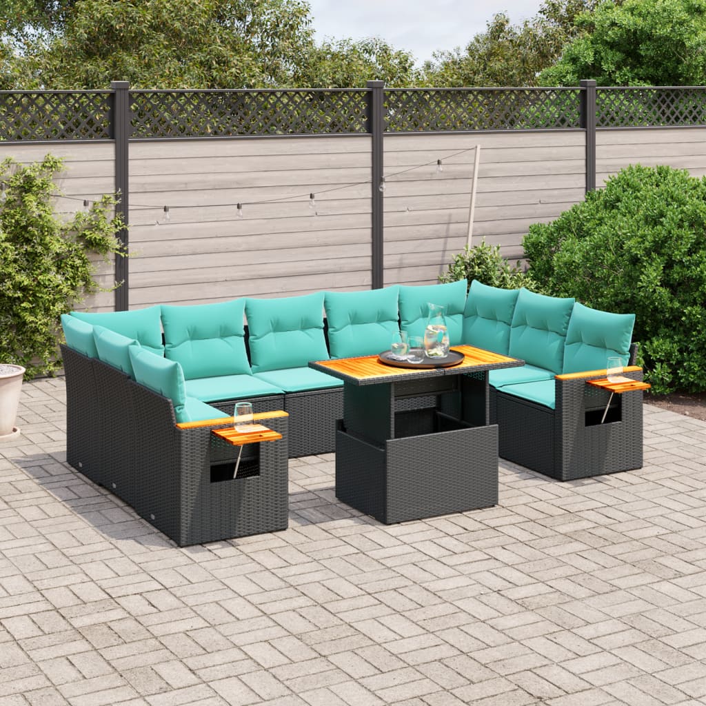10 pcs conjunto de sofás p/ jardim c/ almofadões vime PE preto