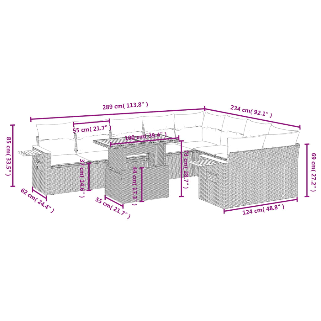 10 pcs conjunto de sofás p/ jardim c/ almofadões vime PE preto