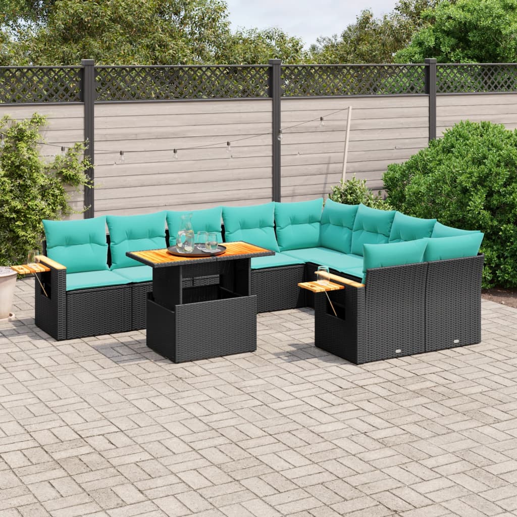 10 pcs conjunto de sofás p/ jardim c/ almofadões vime PE preto
