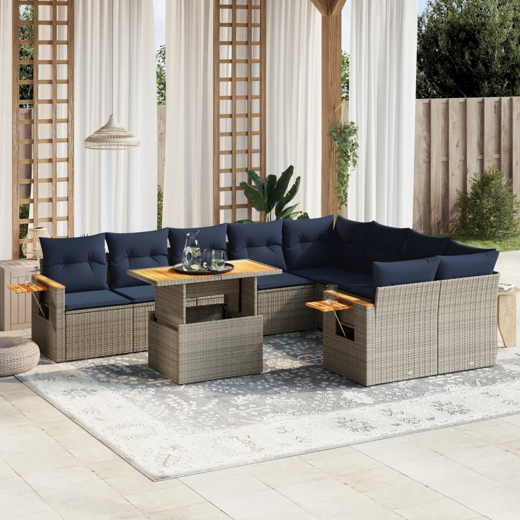 10 pcs conjunto sofás p/ jardim c/ almofadões vime PE cinzento