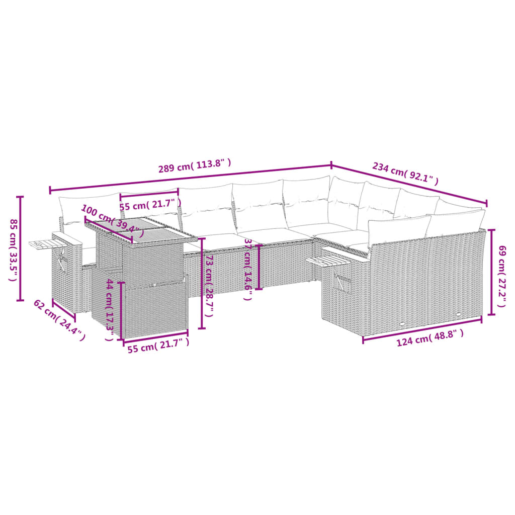 10 pcs conjunto de sofás p/ jardim c/ almofadões vime PE preto
