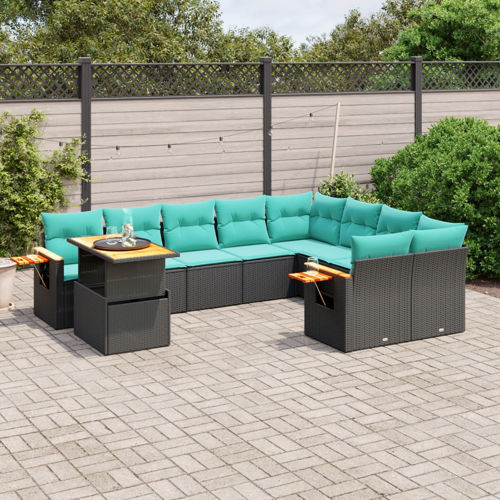10 pcs conjunto de sofás p/ jardim c/ almofadões vime PE preto