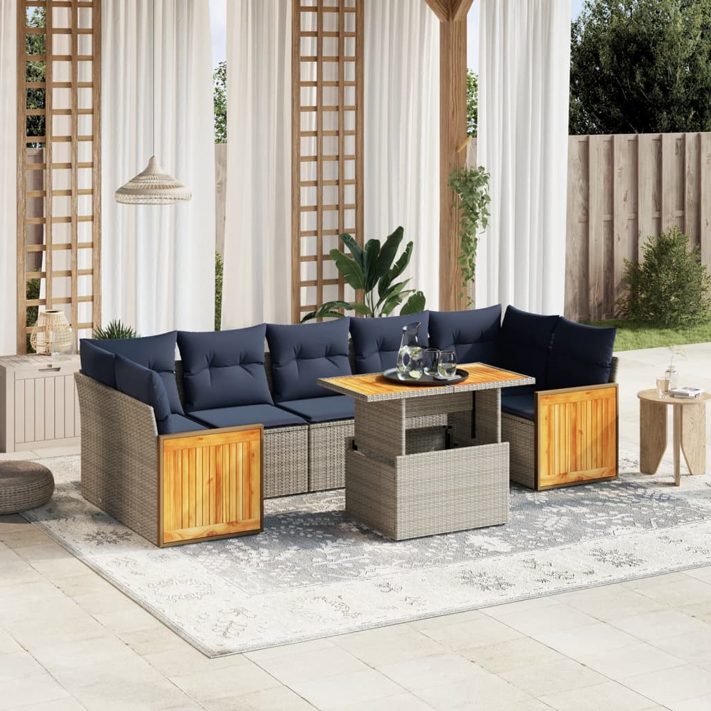 8 pcs conjunto sofás p/ jardim c/ almofadões vime PE cinzento