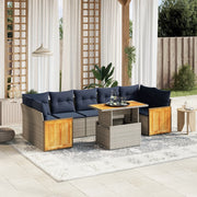 8 pcs conjunto sofás p/ jardim c/ almofadões vime PE cinzento