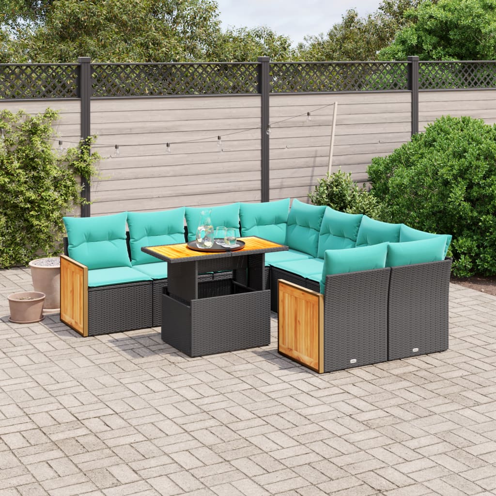 9 pcs conjunto de sofás p/ jardim c/ almofadões vime PE preto