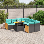 9 pcs conjunto de sofás p/ jardim c/ almofadões vime PE preto