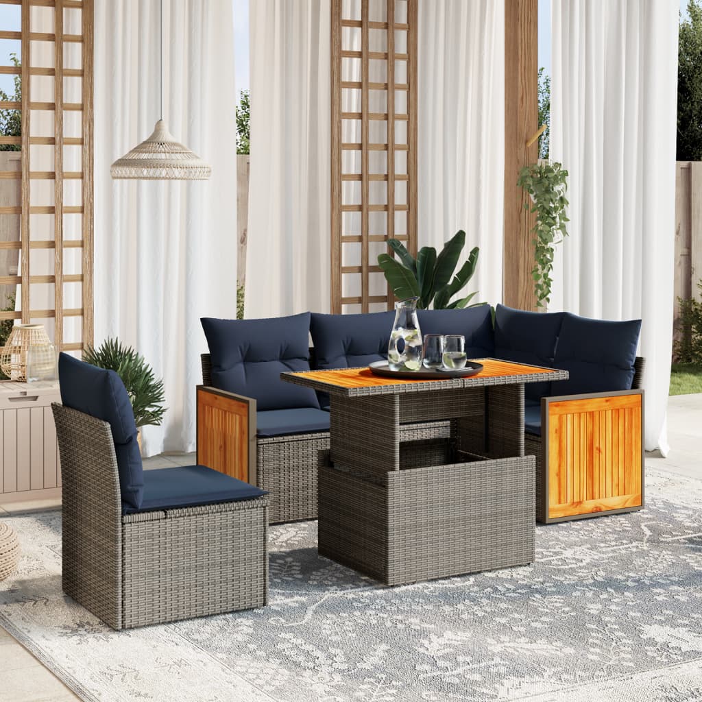 6 pcs conjunto de sofás p/ jardim com almofadões vime PE bege