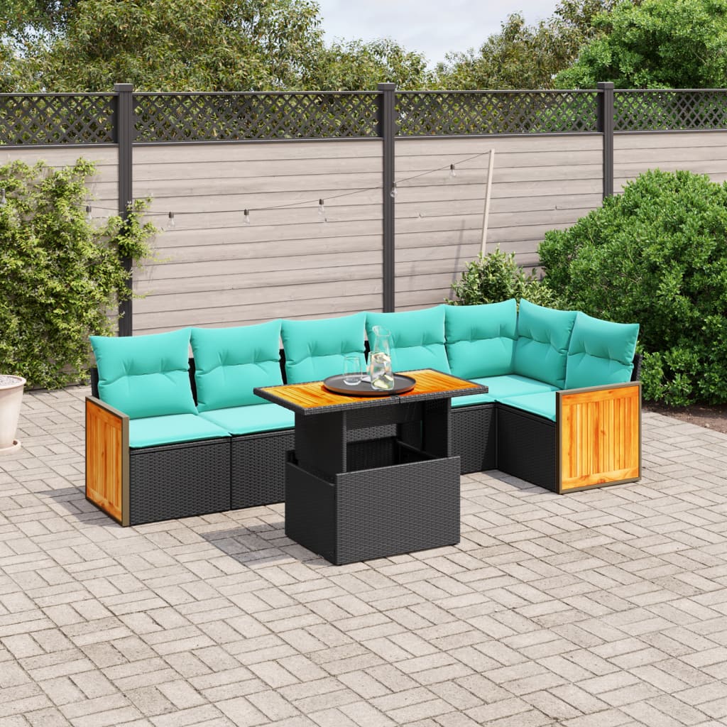 7 pcs conjunto de sofás p/ jardim c/ almofadões vime PE preto