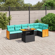 7 pcs conjunto de sofás p/ jardim c/ almofadões vime PE preto