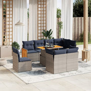 9 pcs conjunto sofás p/ jardim c/ almofadões vime PE cinzento