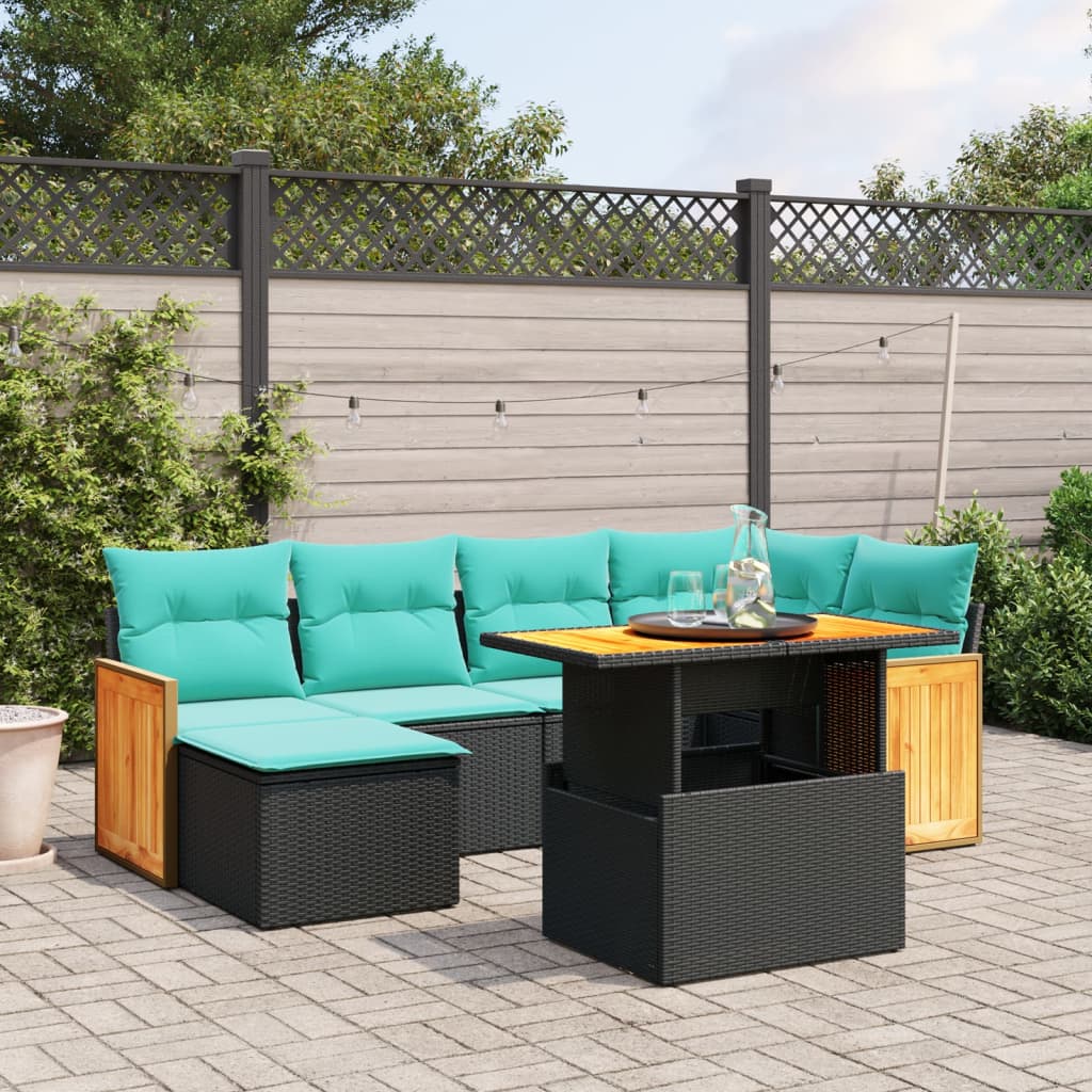 7 pcs conjunto de sofás p/ jardim c/ almofadões vime PE preto