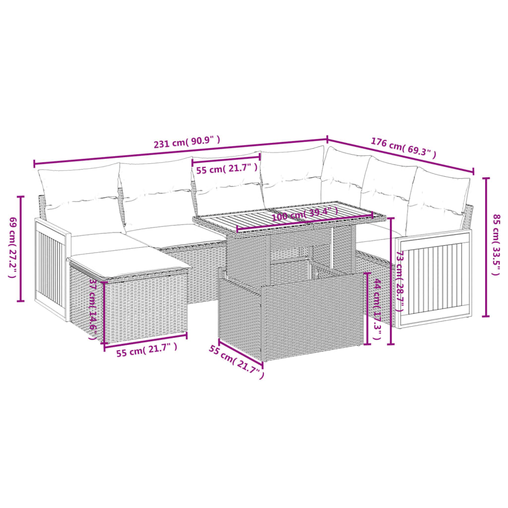 8 pcs conjunto de sofás p/ jardim c/ almofadões vime PE preto