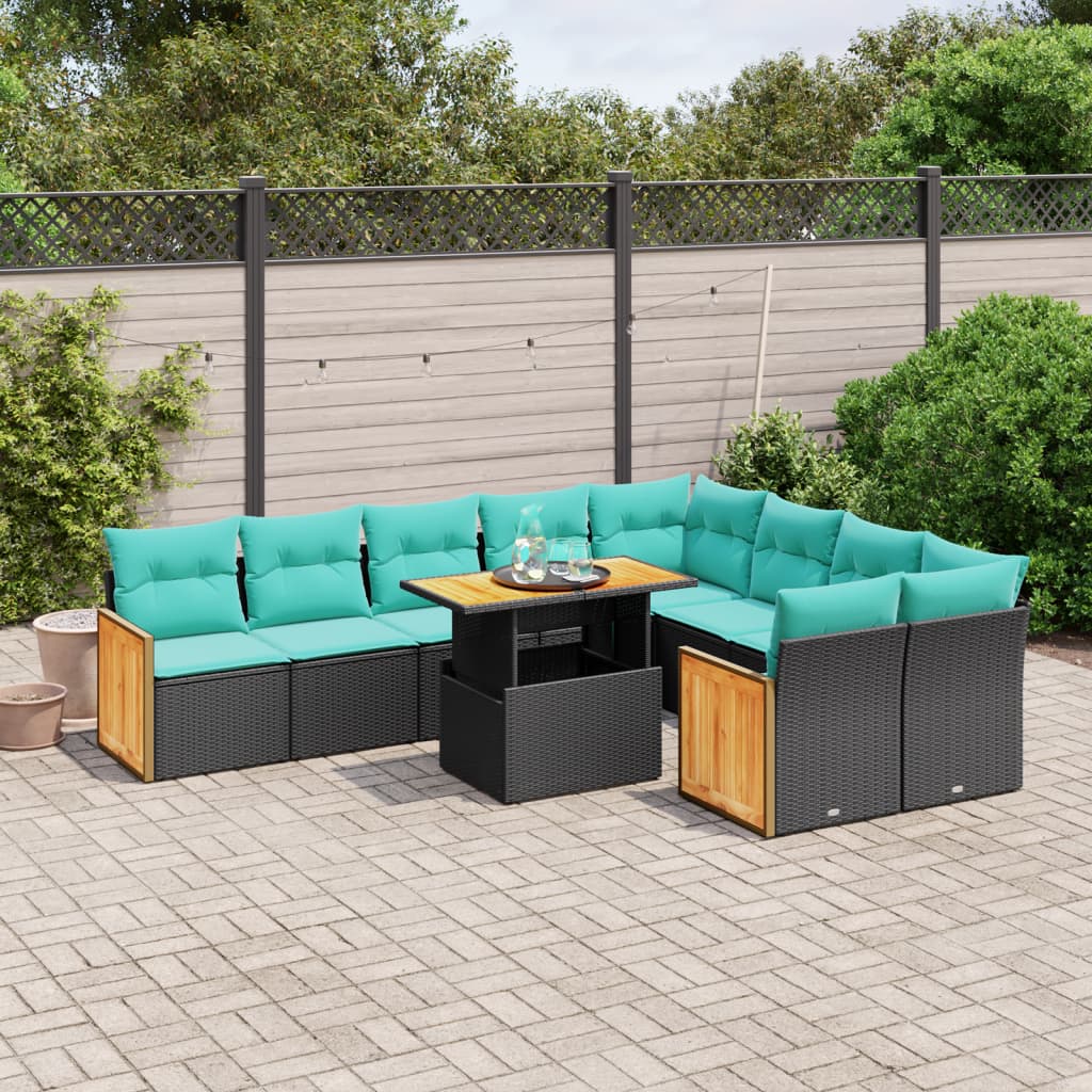 10 pcs conjunto de sofás p/ jardim c/ almofadões vime PE preto