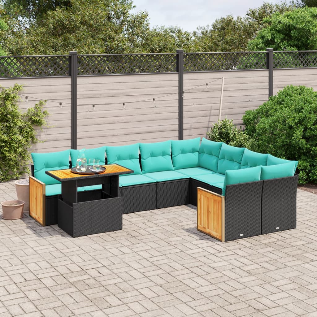 10 pcs conjunto de sofás p/ jardim c/ almofadões vime PE preto