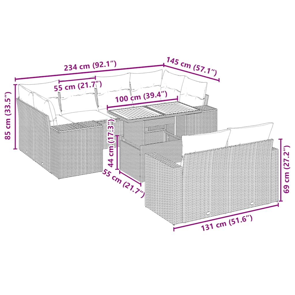 11 pcs conjunto sofás de jardim c/ almofadões vime PE bege