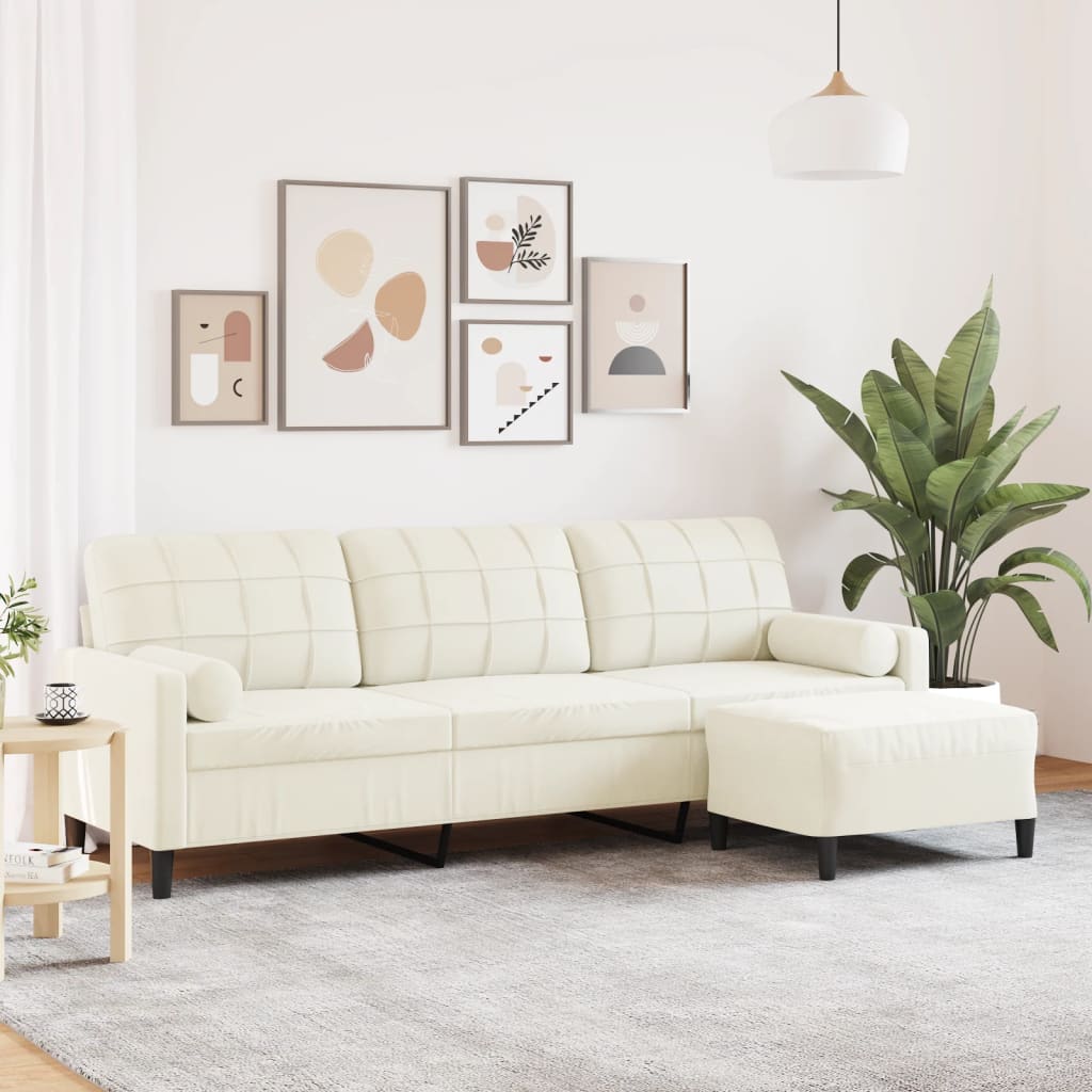 Sofá de 3 lugares com apoio de pés 210 cm veludo cor creme