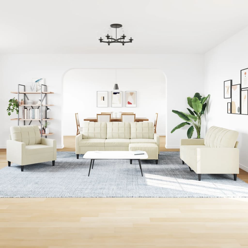 4 pcs conjunto de sofás com almofadões veludo cor creme