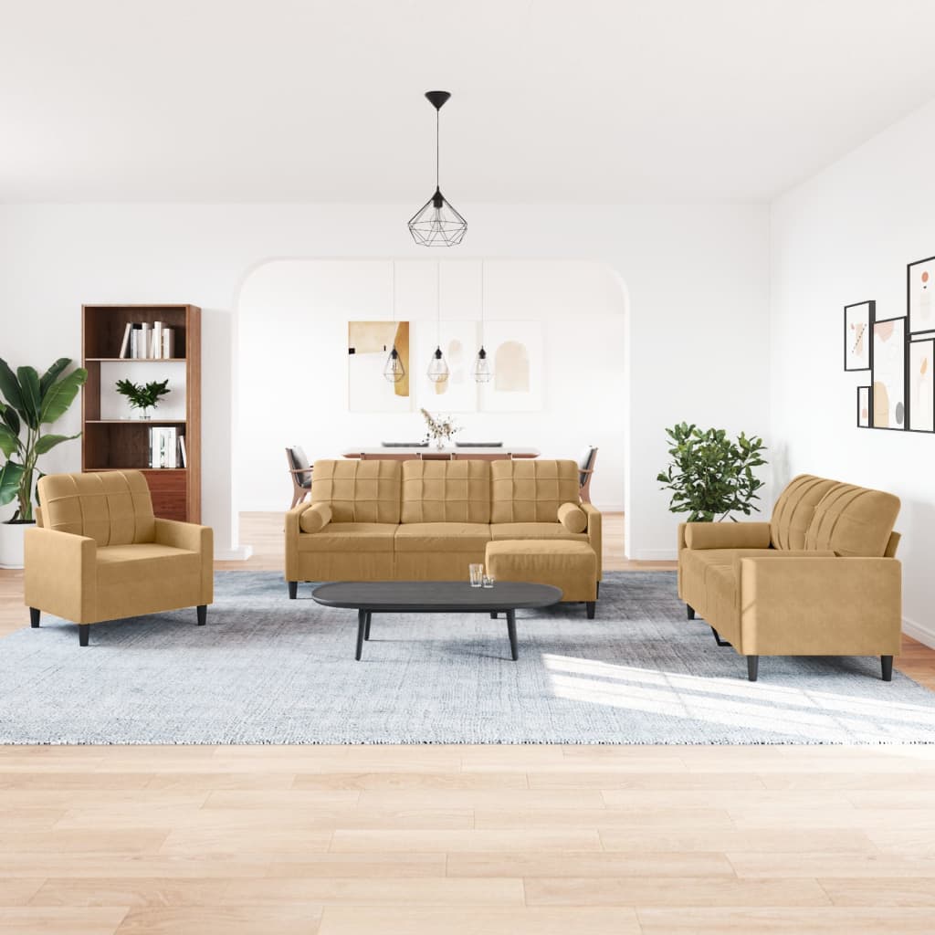 4 pcs conjunto de sofás com almofadões e rolos veludo castanho