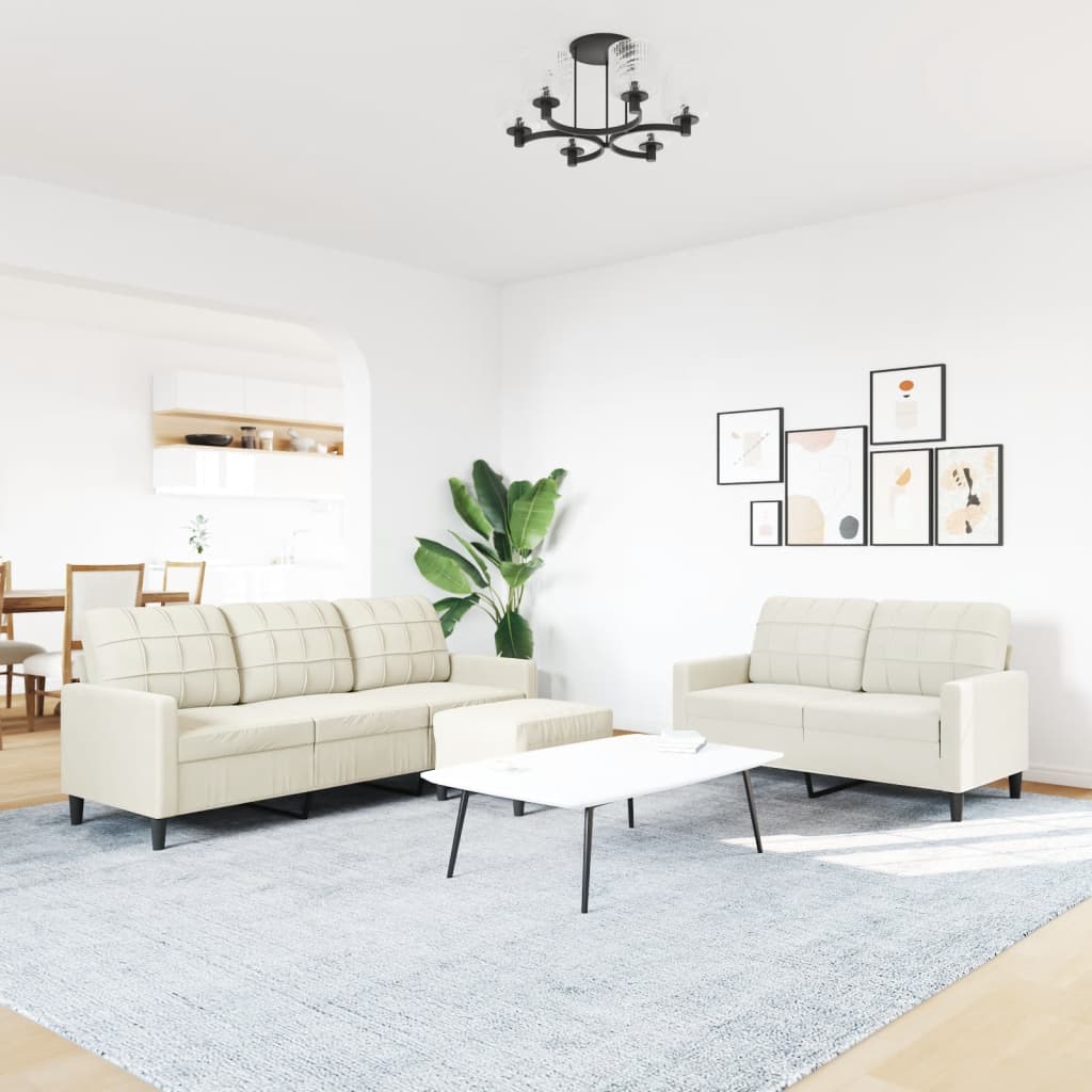 3 pcs conjunto de sofás com almofadões veludo cor creme