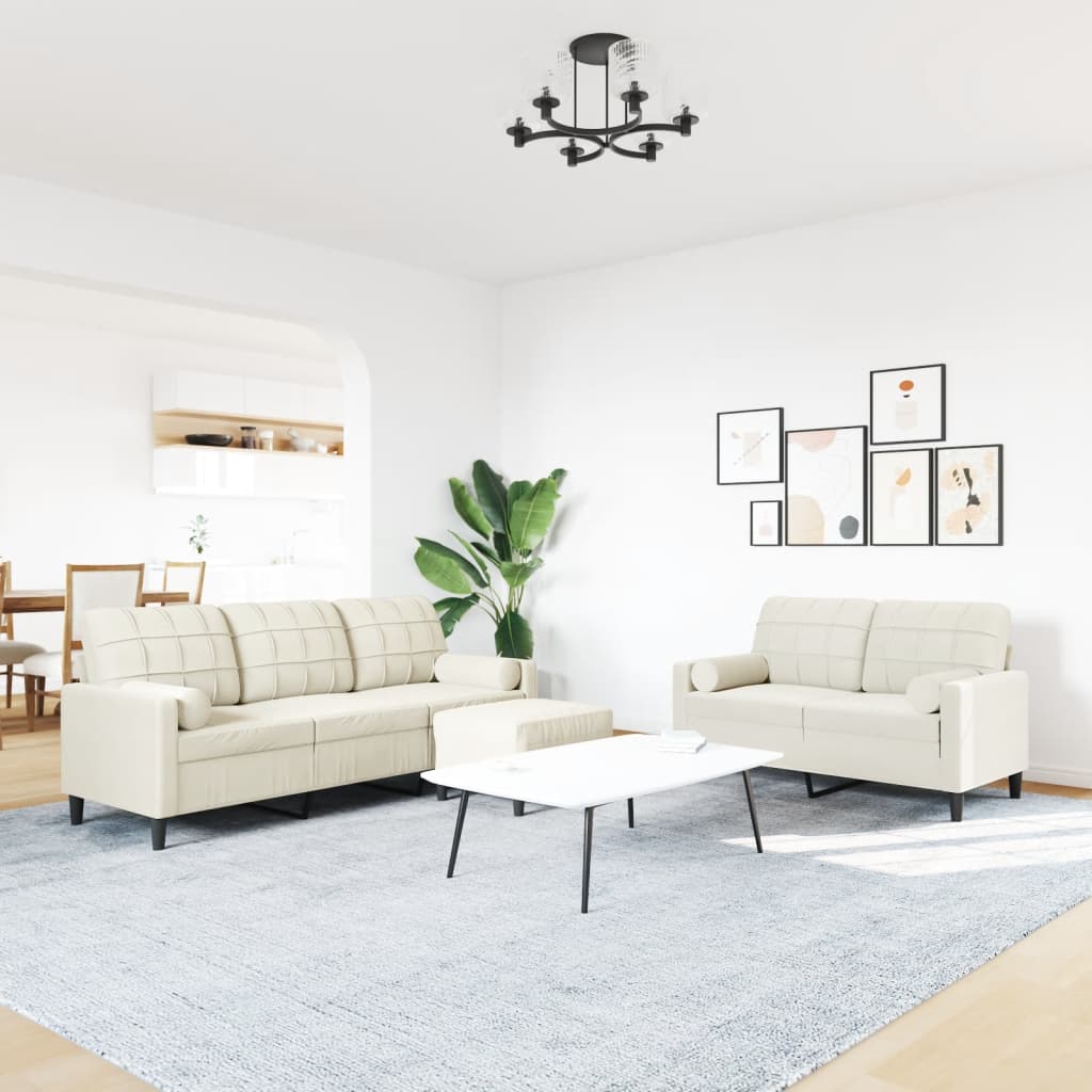 3 pcs conjunto de sofás com almofadões e rolos veludo creme