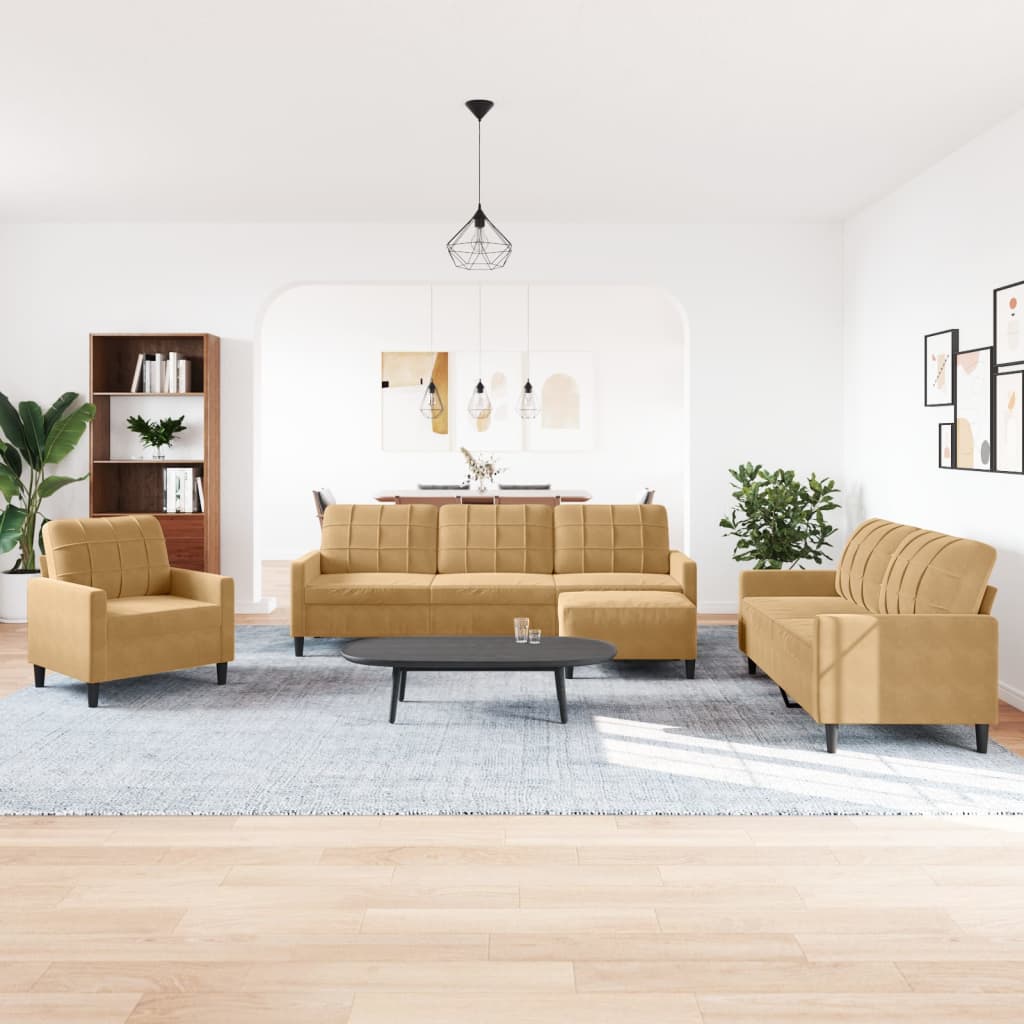 4 pcs conjunto de sofás com almofadões veludo castanho