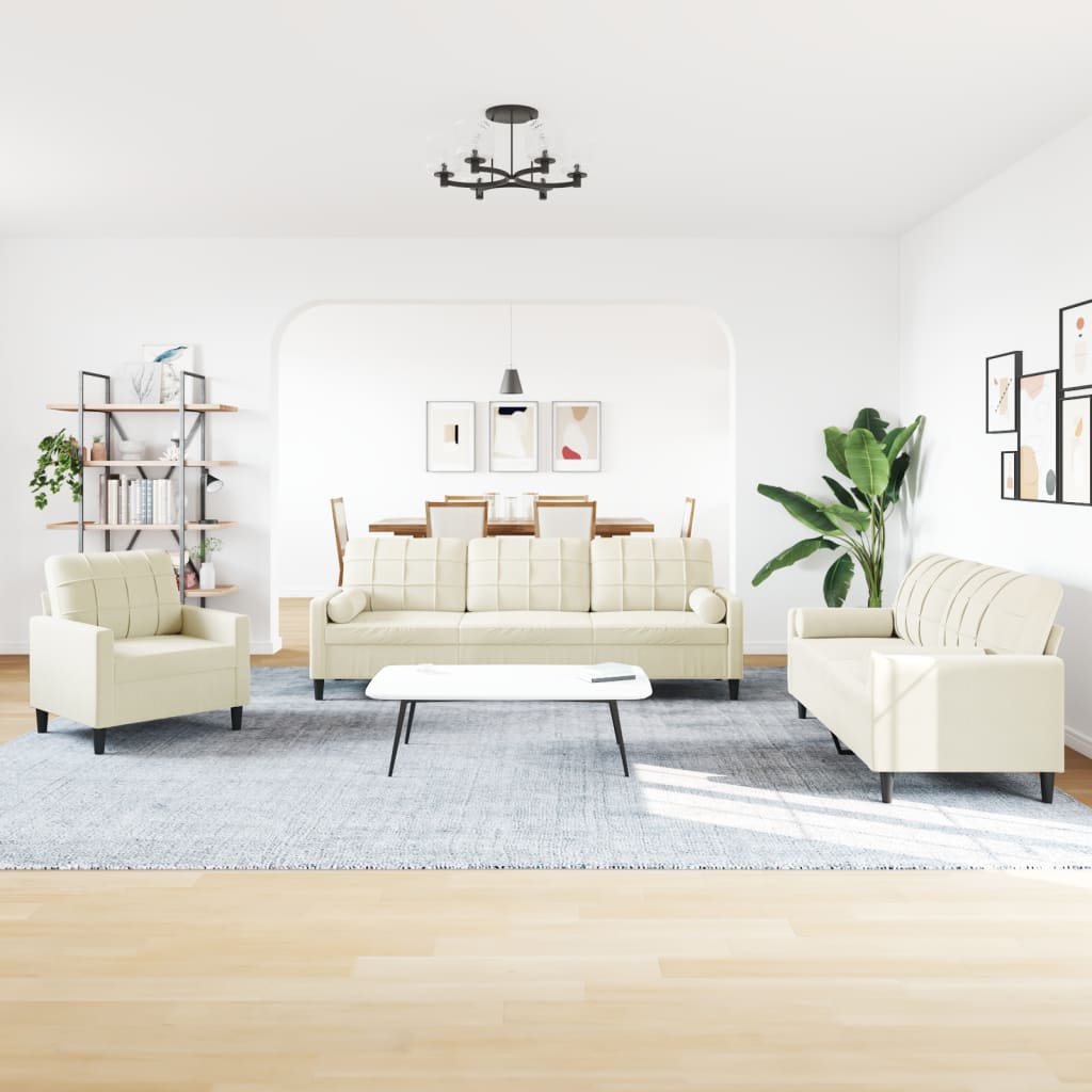 3 pcs conjunto de sofás com almofadões e rolos veludo creme