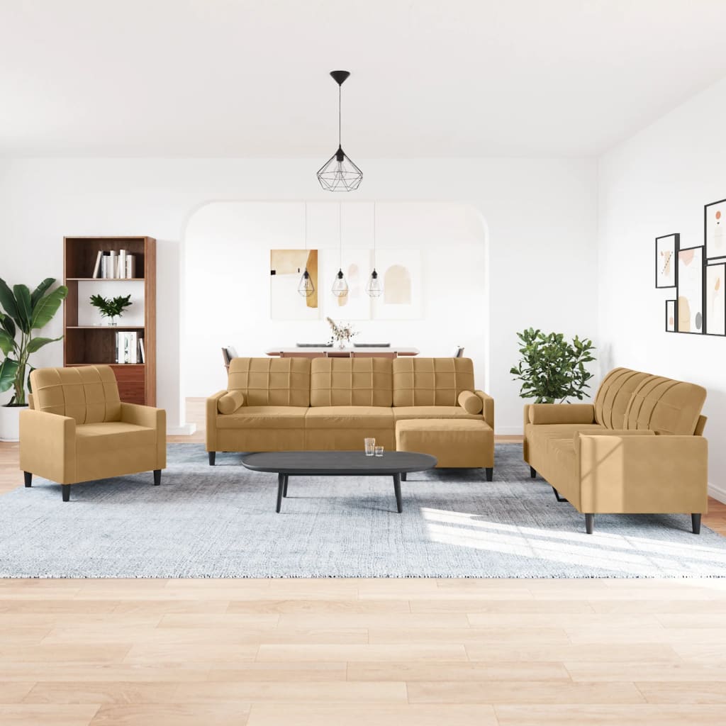 4 pcs conjunto de sofás com almofadões e rolos veludo castanho