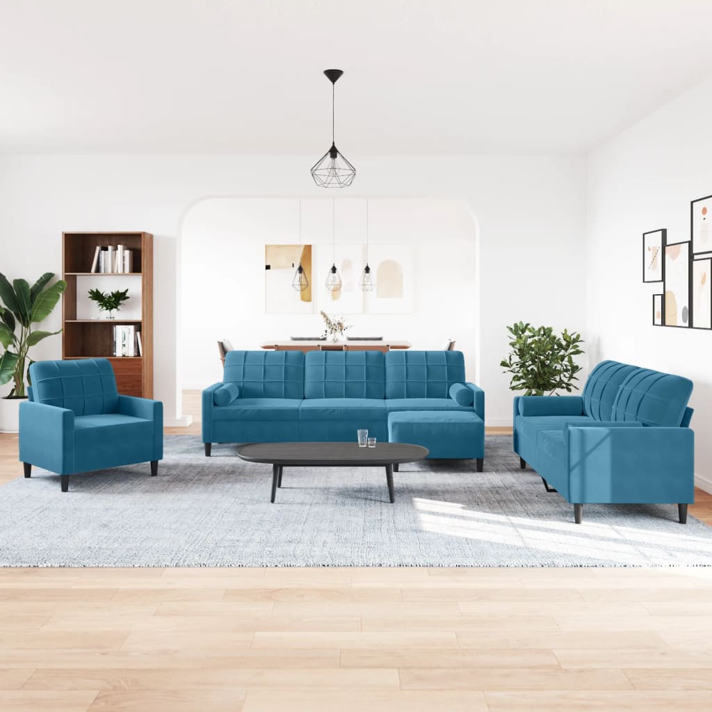 4 pcs conjunto de sofás com almofadões e rolos veludo azul