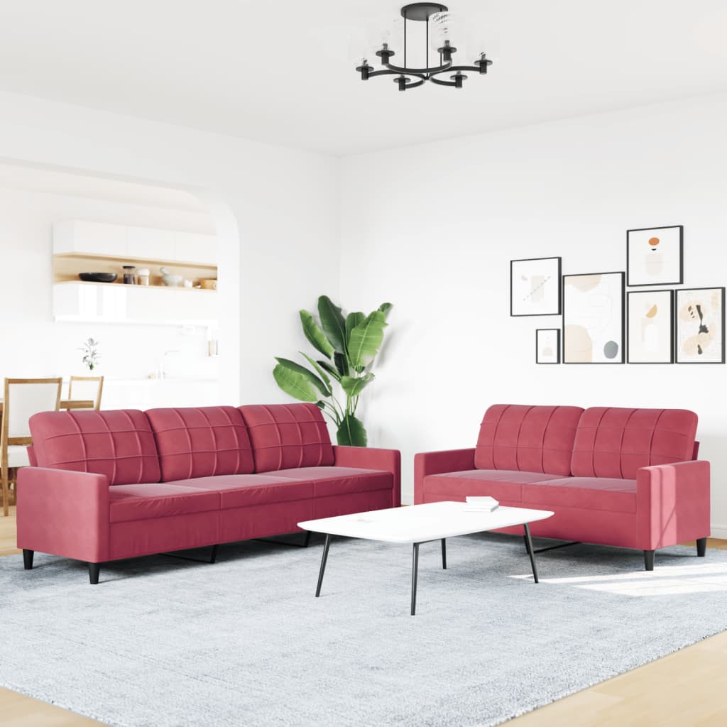 2 pcs conjunto de sofás com almofadões veludo vermelho tinto