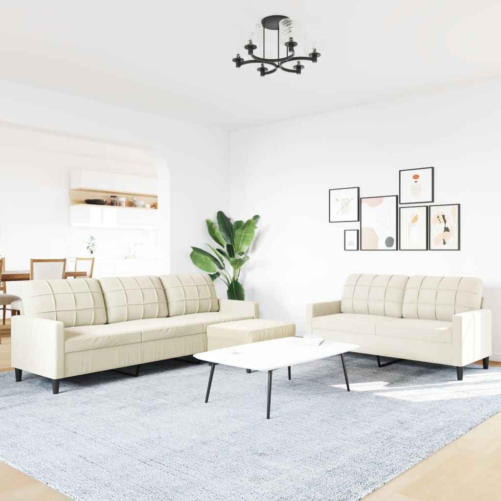 3 pcs conjunto de sofás com almofadões veludo cor creme