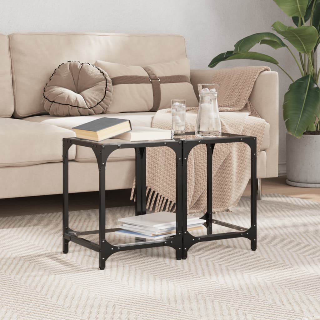 Mesas de centro c/ topo vidro transparente 2 pcs 30x30x40cm aço